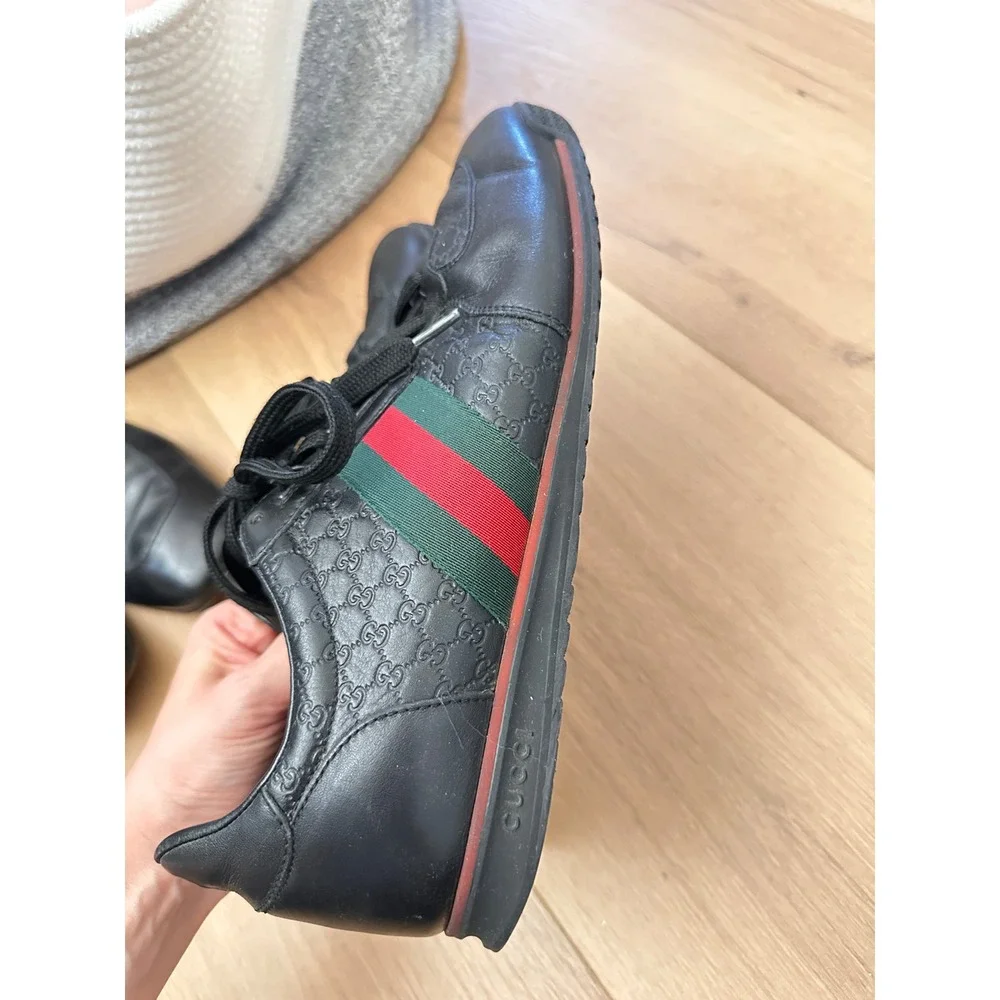 Gucci Mens Black Guccissima Leather Web Stripe Low Top Sneakers size 10
